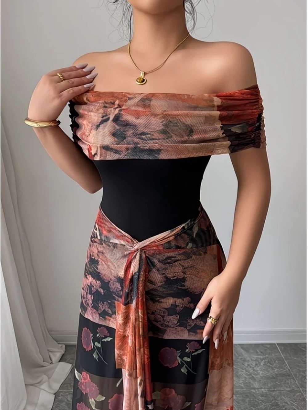 Off-Shoulder Floral Mesh Maxi Dress in Black and Rust